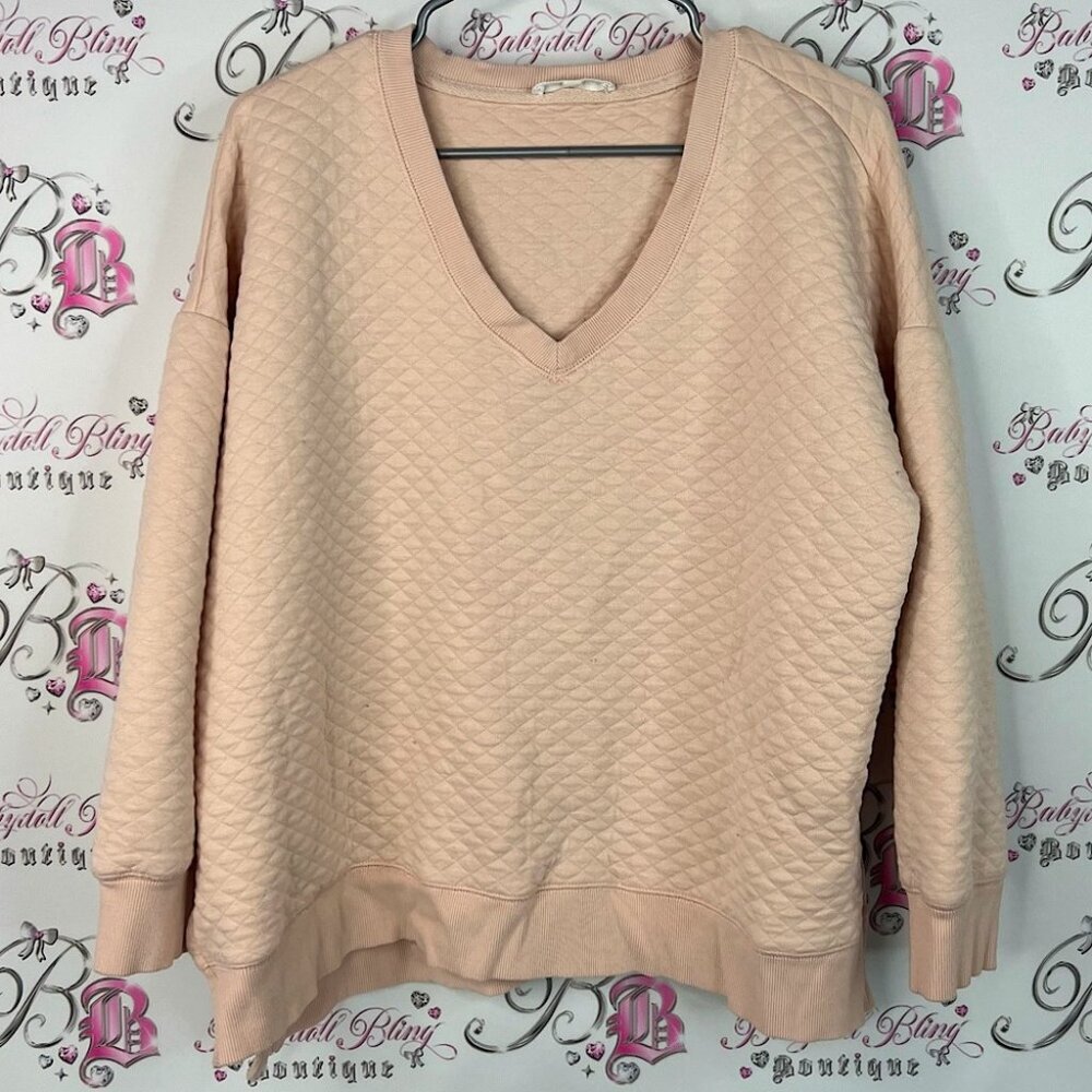 Workshop Republic Clothing V-Neck Sweater - Tan peach pullover quilted pattern